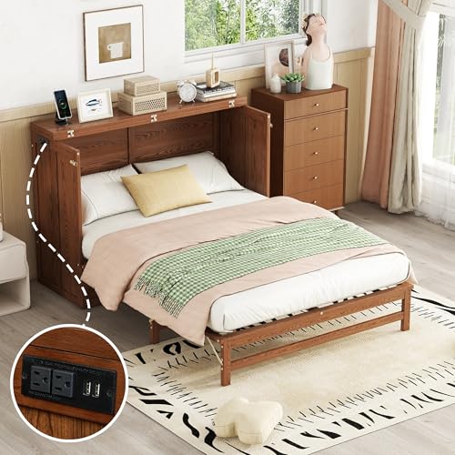 Full Size Walnut Murphy Bed with Charging Station and Drawers R8822