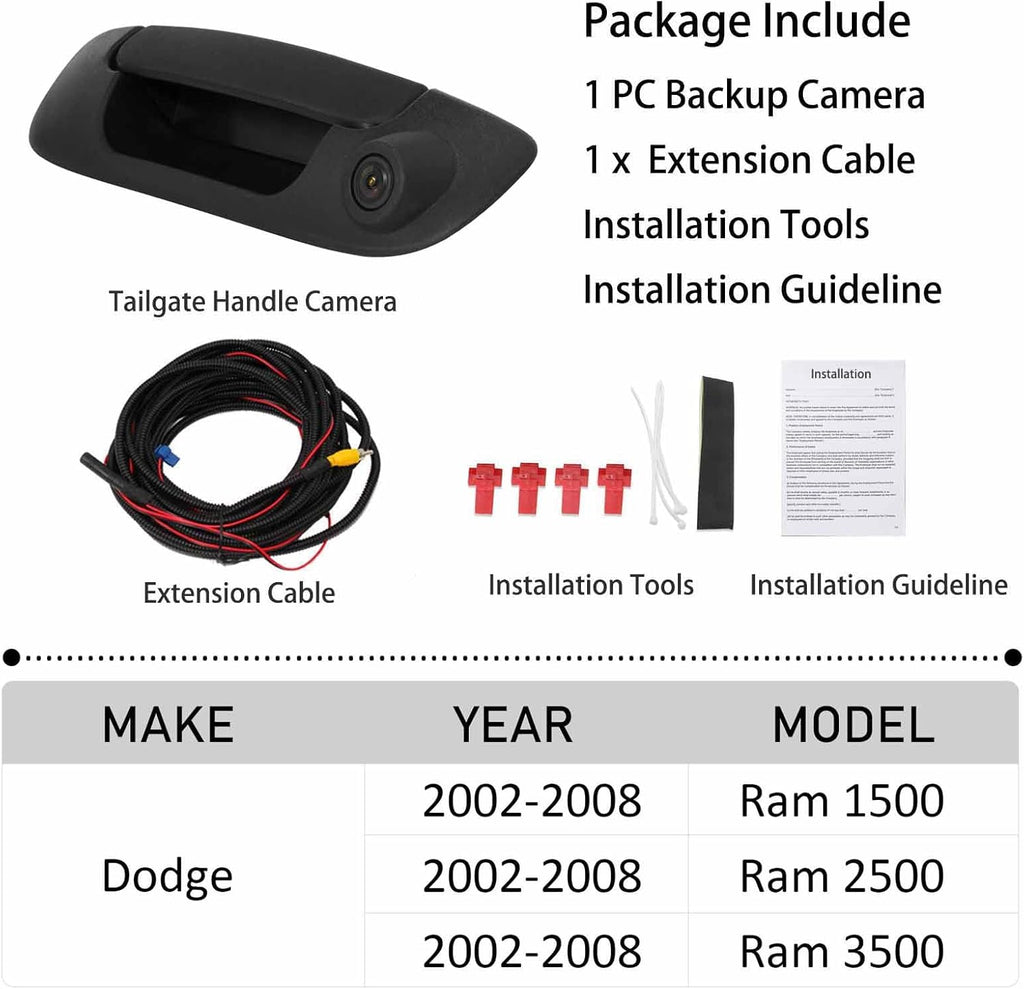 Tailgate Handle Backup Camera for Dodge Ram 1500 2500 3500 (2002-2008) Rear View Reverse Parking Camera with Optional Guideline RCA Connector (Black) X780