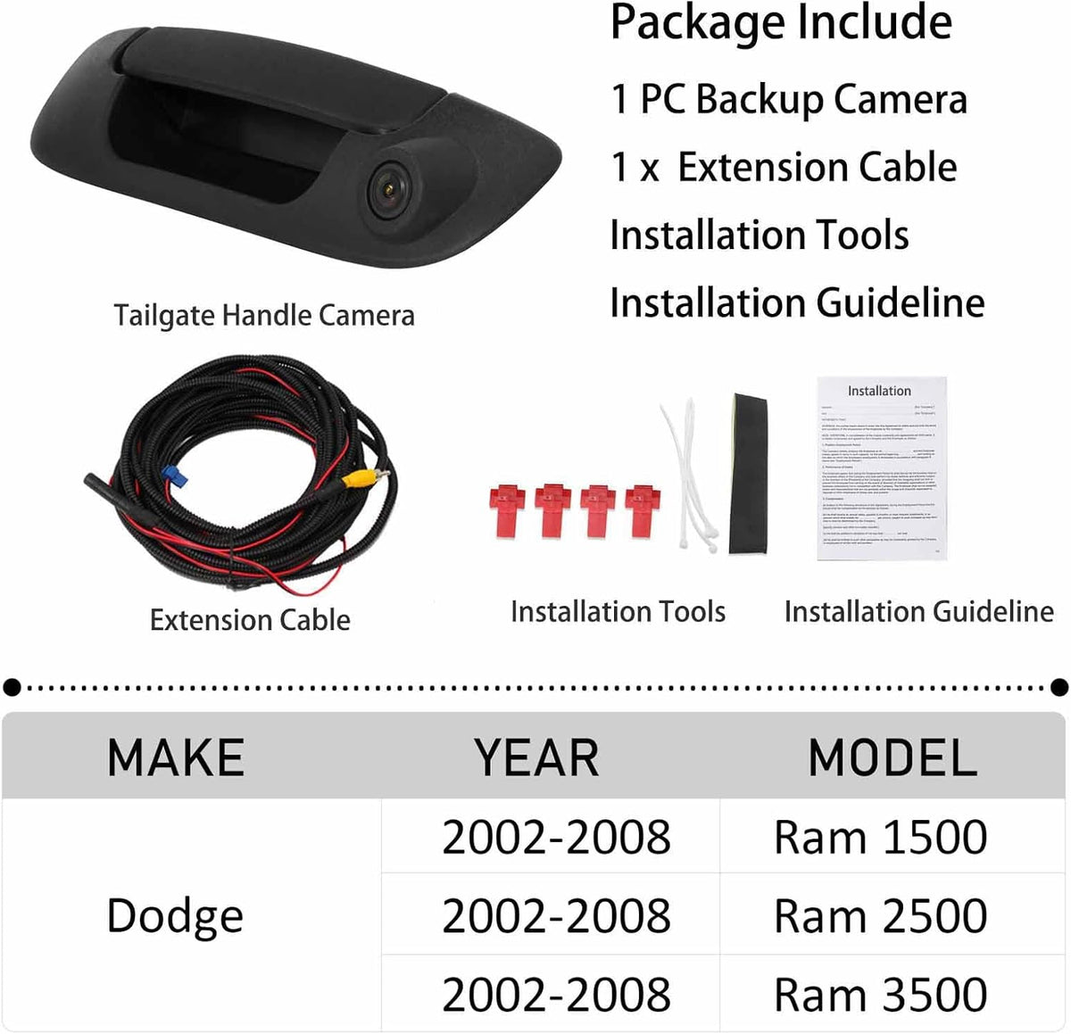 Tailgate Handle Backup Camera for Dodge Ram 1500 2500 3500 (2002-2008) Rear View Reverse Parking Camera with Optional Guideline RCA Connector (Black) X780