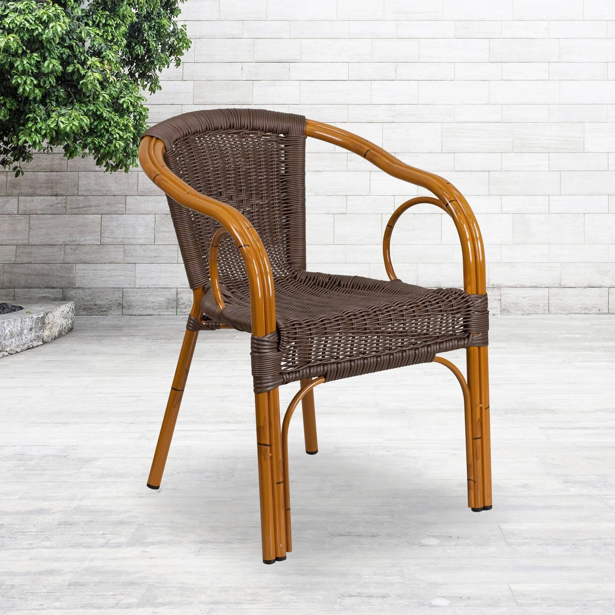 Dark Brown Rattan Patio Chair with Red Bamboo-Aluminum Frame K739