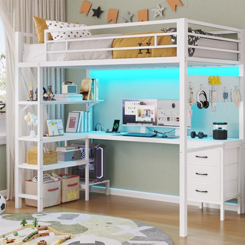 Twin Metal Loft Bed with L-Shaped Desk, LED Lights, Charging Station, Fabric Drawers & Shelves, White N6506