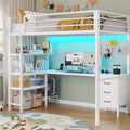 Twin Metal Loft Bed with L-Shaped Desk, LED Lights, Charging Station, Fabric Drawers & Shelves, White N6506