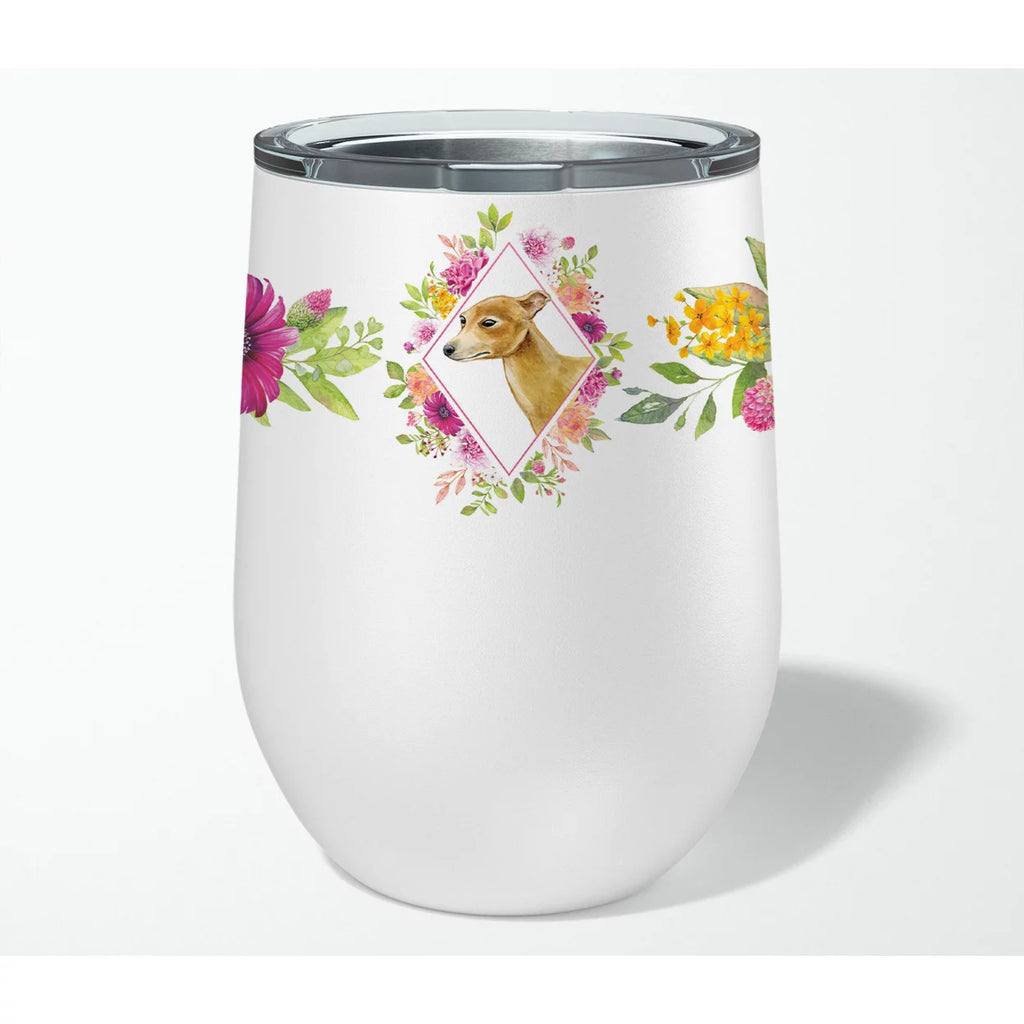 Italian Greyhound Pink Flowers Stainless Steel 12 oz Stemless Wine Glass I27603
