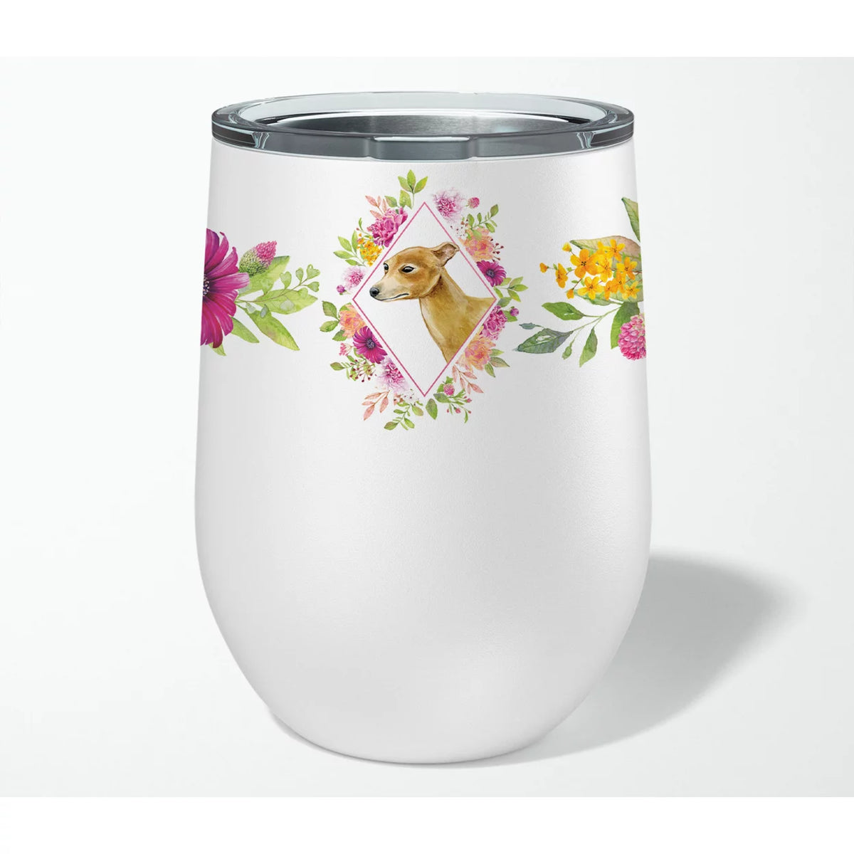 Italian Greyhound Pink Flowers Stainless Steel 12 oz Stemless Wine Glass I27603