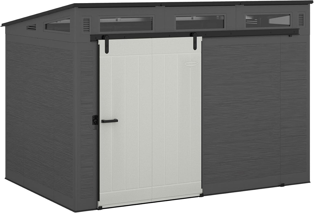 Gray and Black 10 Foot by 7 Foot Outdoor Plastic Storage Shed with Sliding Barn Door W25997