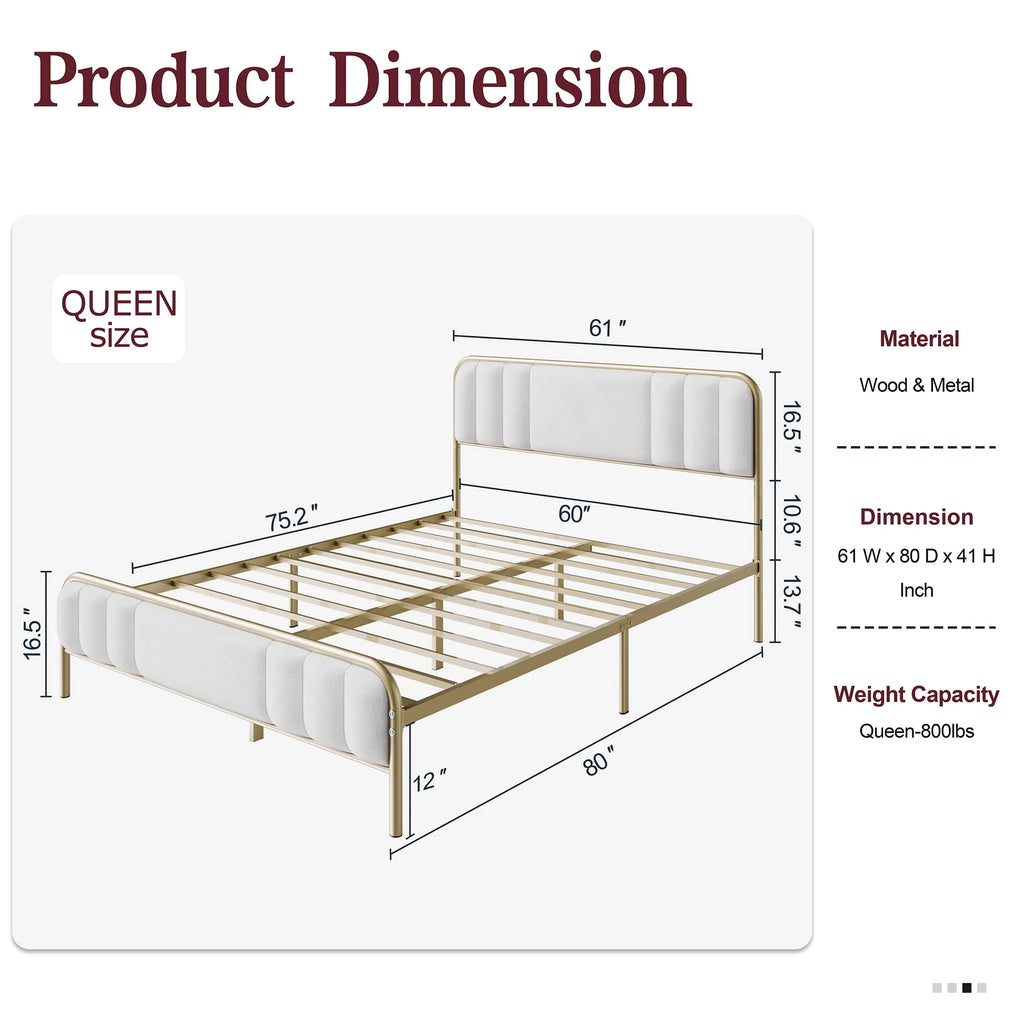 Gold Queen Size Velvet Fabric Headboard Metal Platform Bed E146466