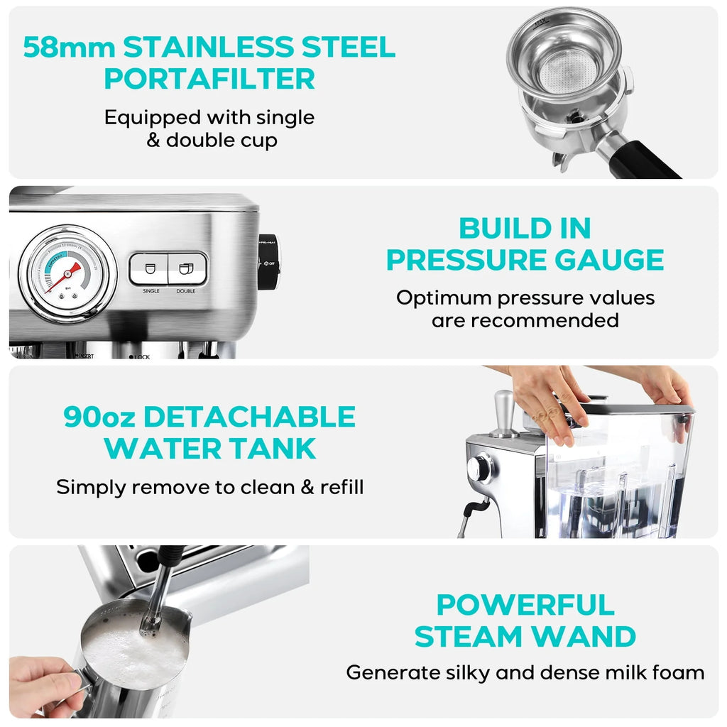 20 Bar Espresso Machine with Grinder and 92oz Water Tank I561