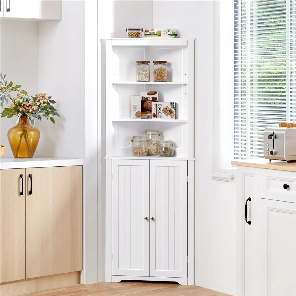 White Wooden Corner Cabinet with Open Shelf J457592