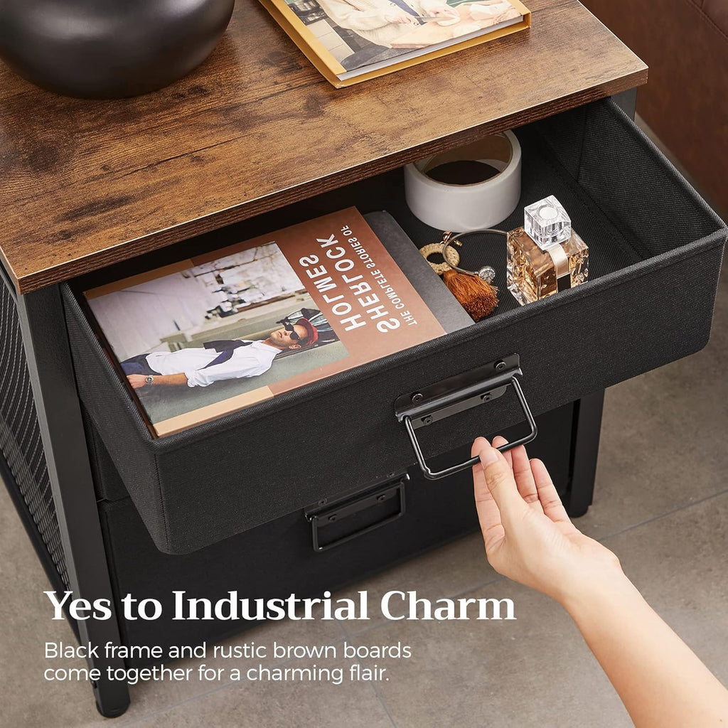 Rustic Brown and Black 3 Drawer Steel Frame Wooden Top Nightstand X531