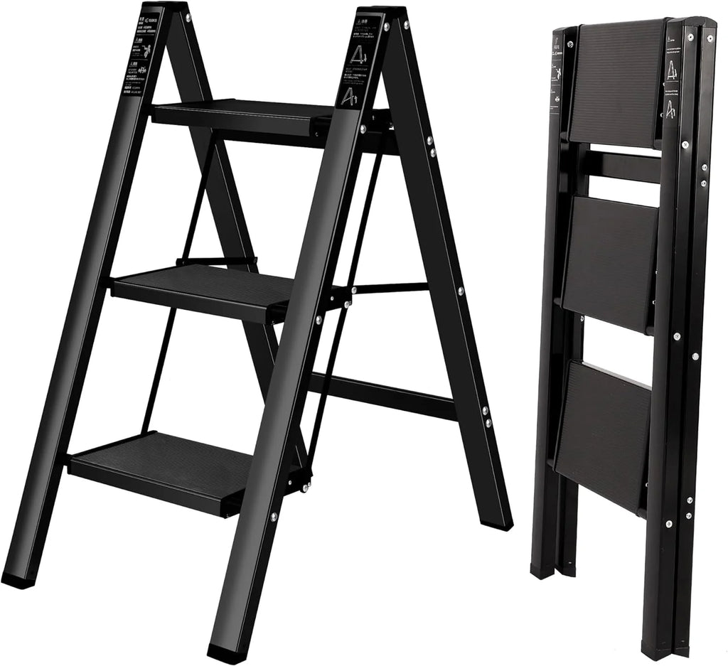 3 Step Steel Folding Step Stool 330lbs Black Q1321