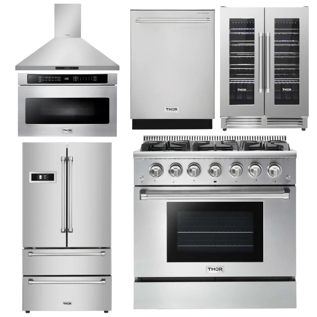 36 Propane Gas Range, Range Hood, Microwave, Refrigerator, Dishwasher, Wine Cooler Y2419