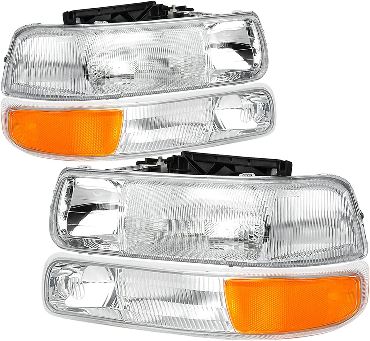 Chrome Housing Clear Lens Headlights with Bumper Lights Assembly Set Pack of 2 W345