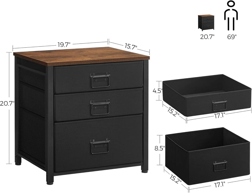 Rustic Brown and Black 3 Drawer Steel Frame Wooden Top Nightstand X531