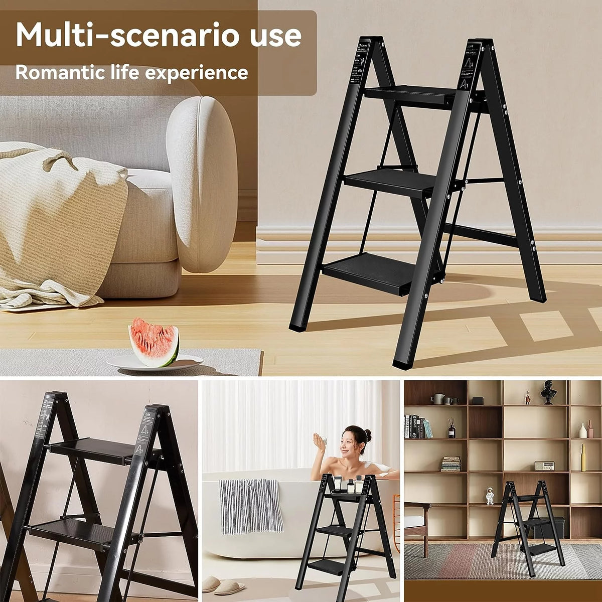 3 Step Steel Folding Step Stool 330lbs Black Q1321