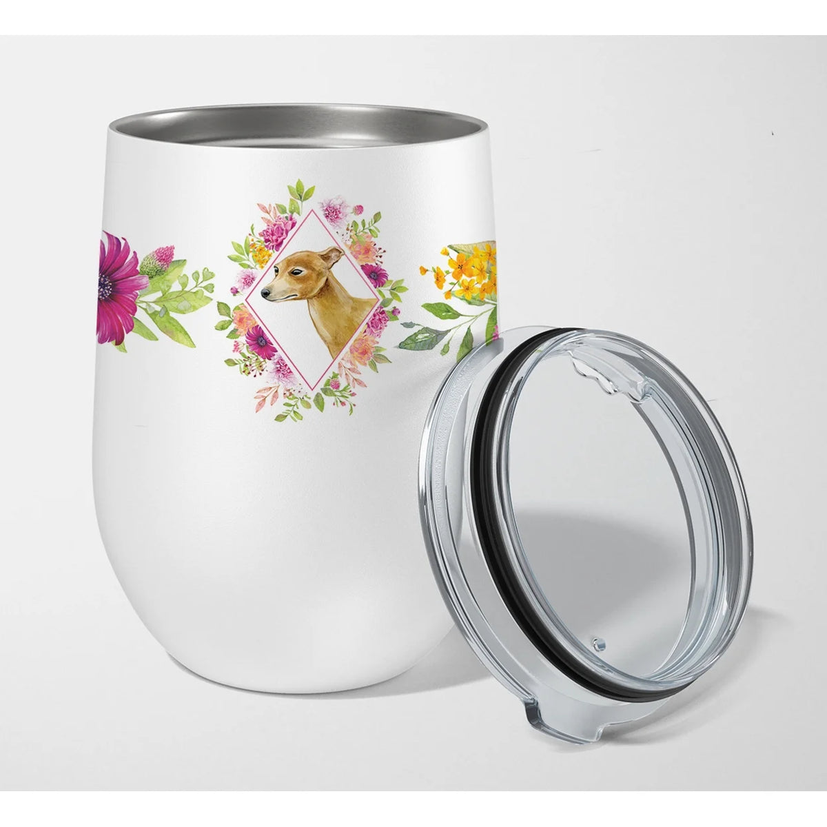 Italian Greyhound Pink Flowers Stainless Steel 12 oz Stemless Wine Glass I27603