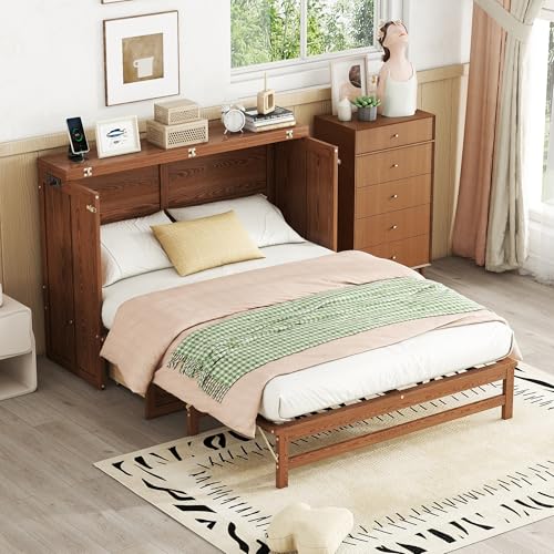 Full Size Walnut Murphy Bed with Charging Station and Drawers R8822