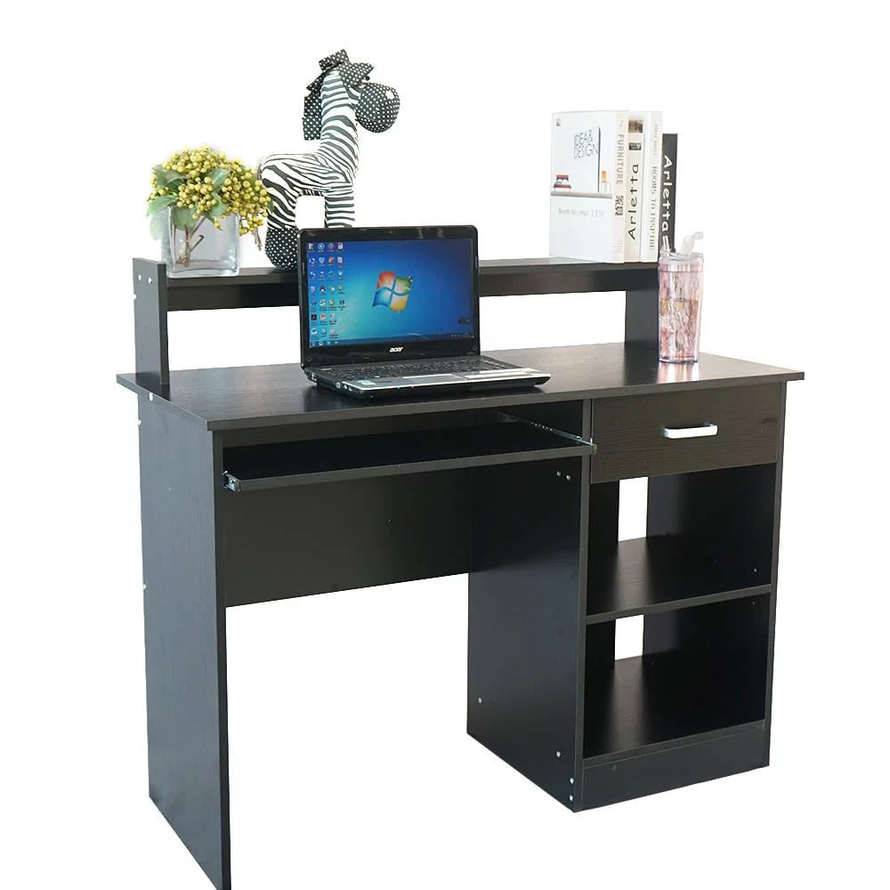 Black Wood Computer Desk with Drawer and Keyboard Tray Q8341