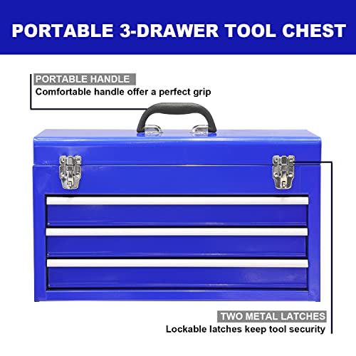 3 Drawer 20" Metal Tool Box Portable Steel Tool Chest Blue A8669