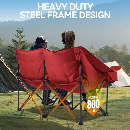 Grey Double Padded Camping Loveseat Chair with Cup Holders and Carry Bag J56126
