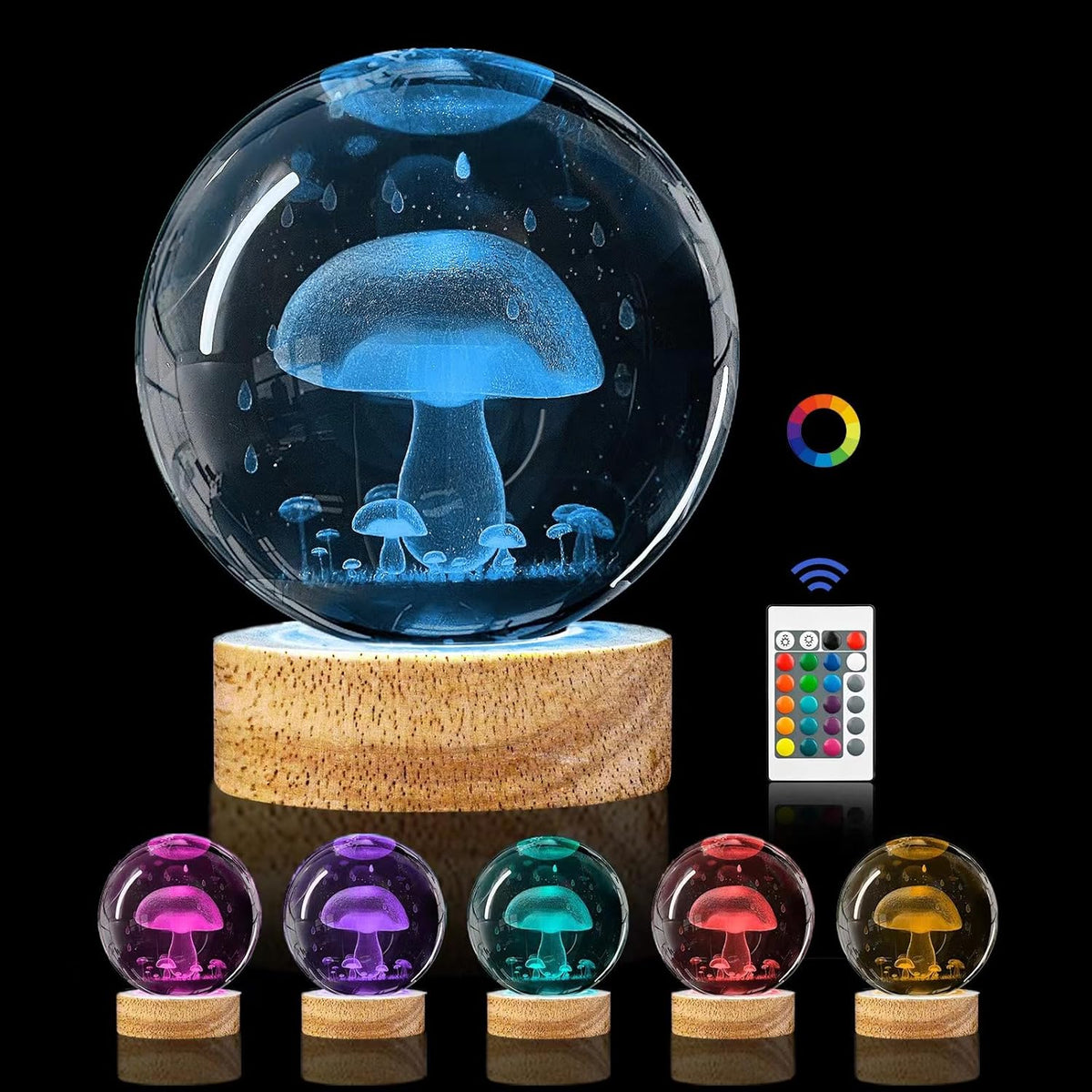 3.15in K9 Crystal Ball Night Light with Wooden Base and Remote Control H652