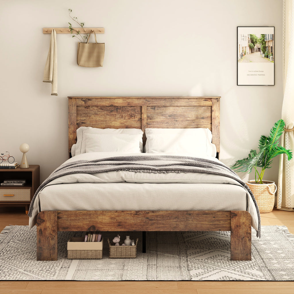 Queen Size Dark Brown Wood Platform Bed with Headboard M615795