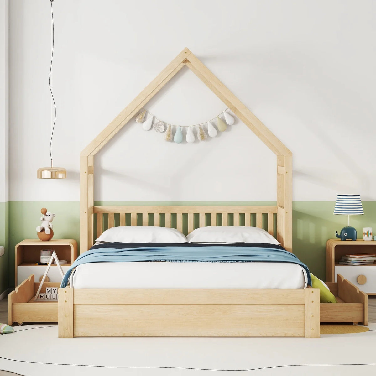 Queen Size Wood Platform Bed with Guardrail and 2 Storage Drawers C5356