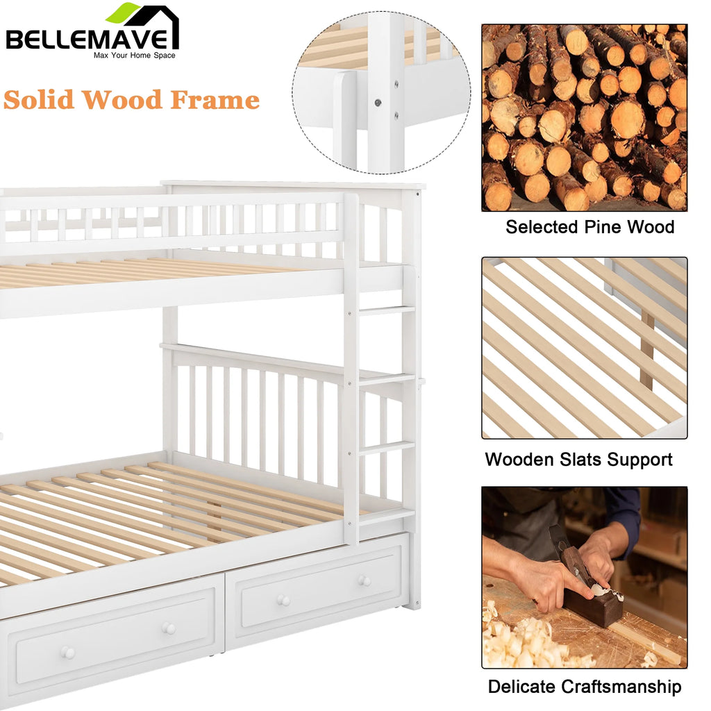 White Twin Over Twin Wooden Bunk Bed with 2 Storage Drawers Y695006
