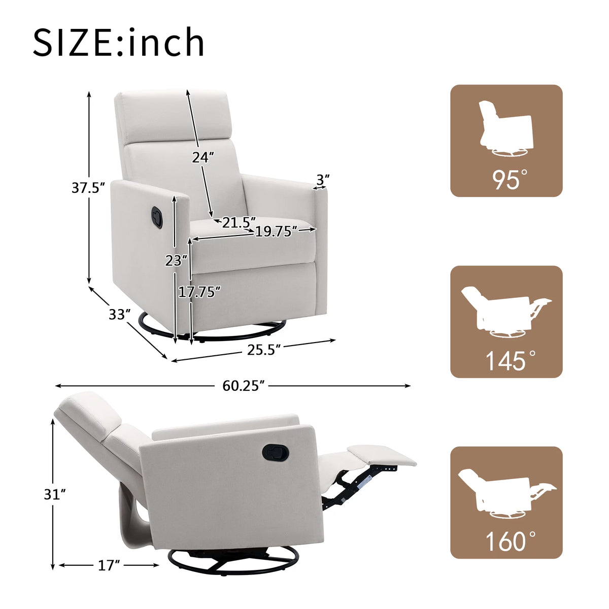 Beige Upholstered Swivel Recliner Chair P3472