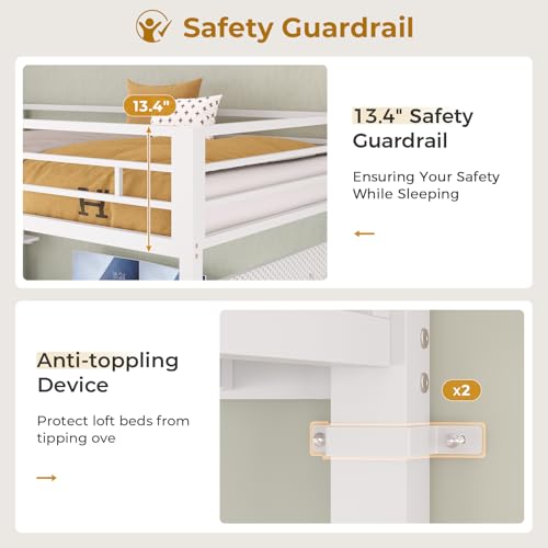 Twin Metal Loft Bed with L-Shaped Desk, LED Lights, Charging Station, Fabric Drawers & Shelves, White N6506