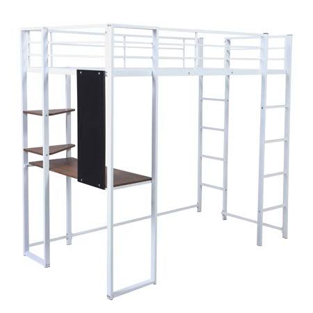 White Twin Metal Loft Bed with 2 Shelves and Desk X957019