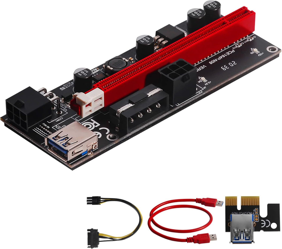 PCI-E Riser 1X to 16X, 4pcs Solid Capacitors, Gold-Plated USB 3.0 Cable T91988