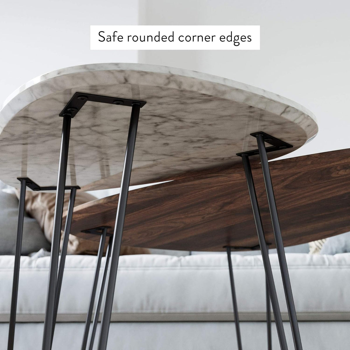 Mid-Century Nesting Coffee Table Set of 2, Faux Carrara Marble, Wood Finish, Black Metal Legs Y855
