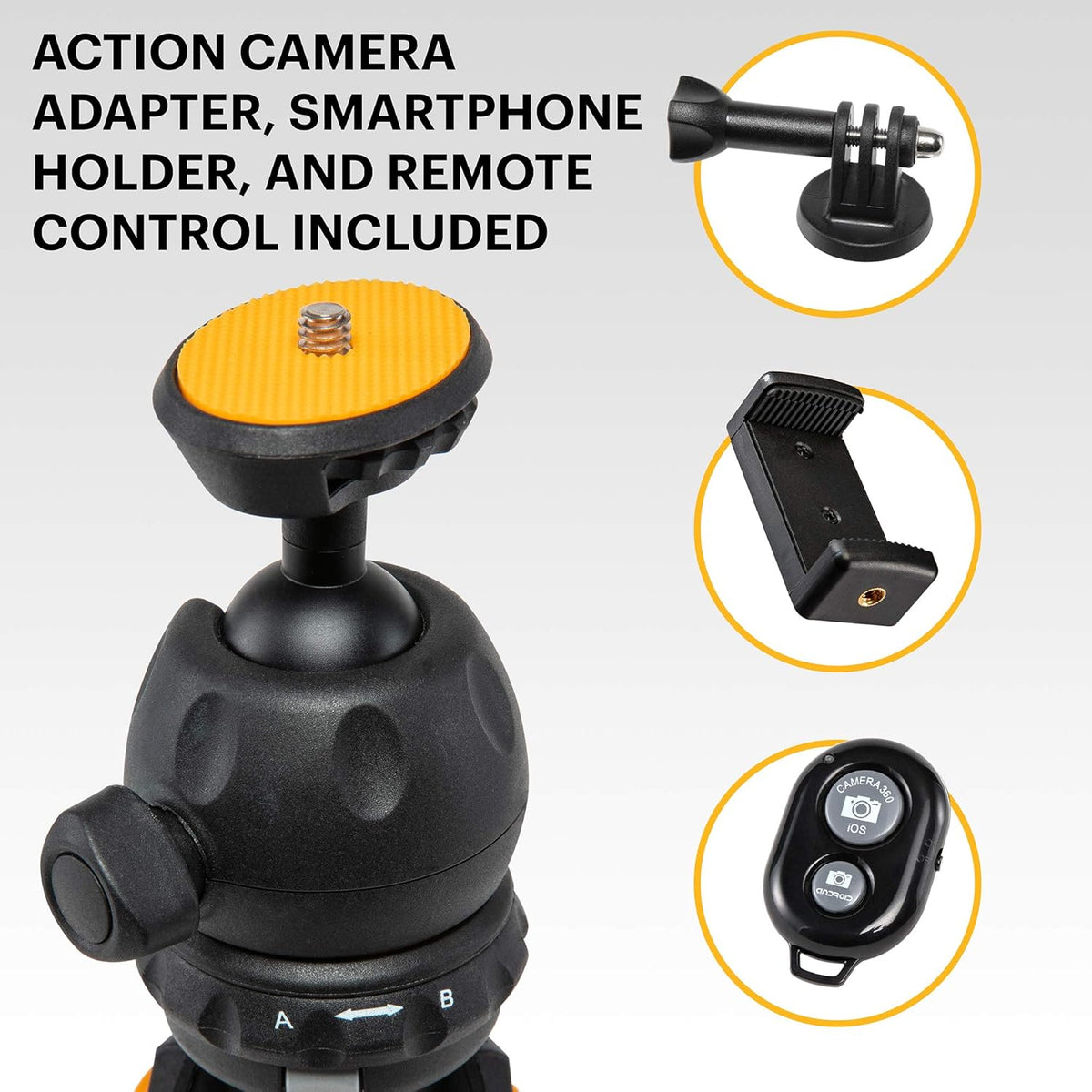 Mini Adjustable Tripod with Remote, 360° Ball Head, Compact Tabletop Tripod, Selfie Stick, 5-Position Legs, Rubber Feet, Smartphone & Action Camera Adapters, Pack of 2 W427