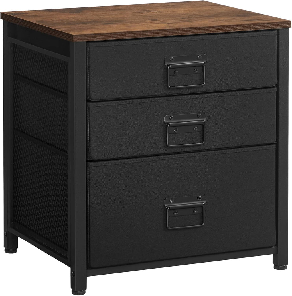Rustic Brown and Black 3 Drawer Steel Frame Wooden Top Nightstand X531