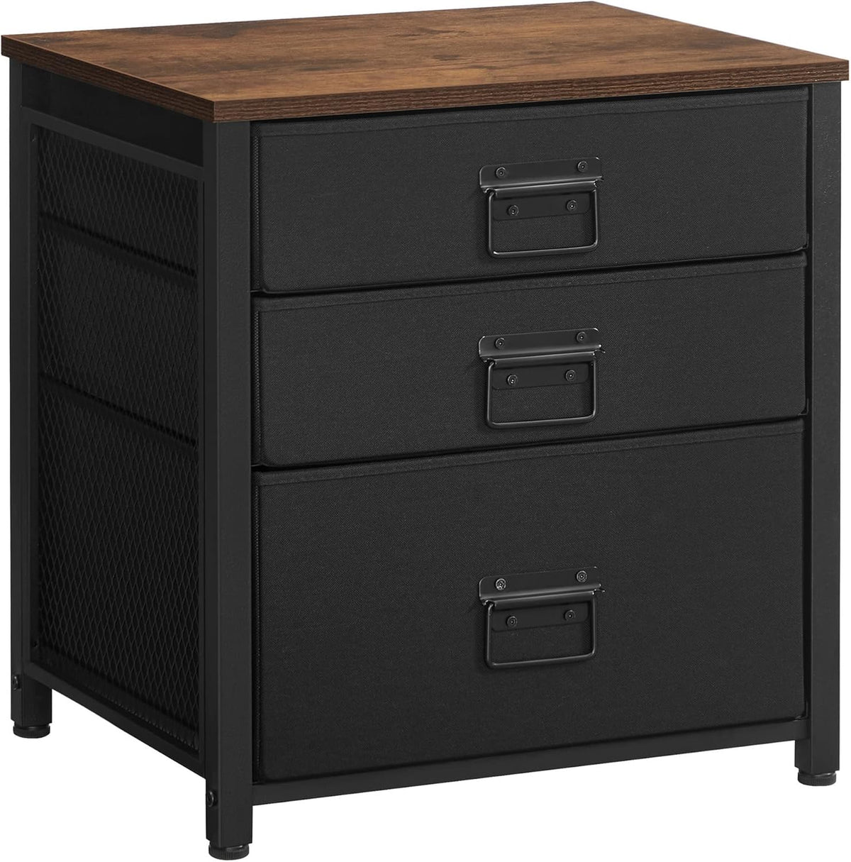 Rustic Brown and Black 3 Drawer Steel Frame Wooden Top Nightstand X531