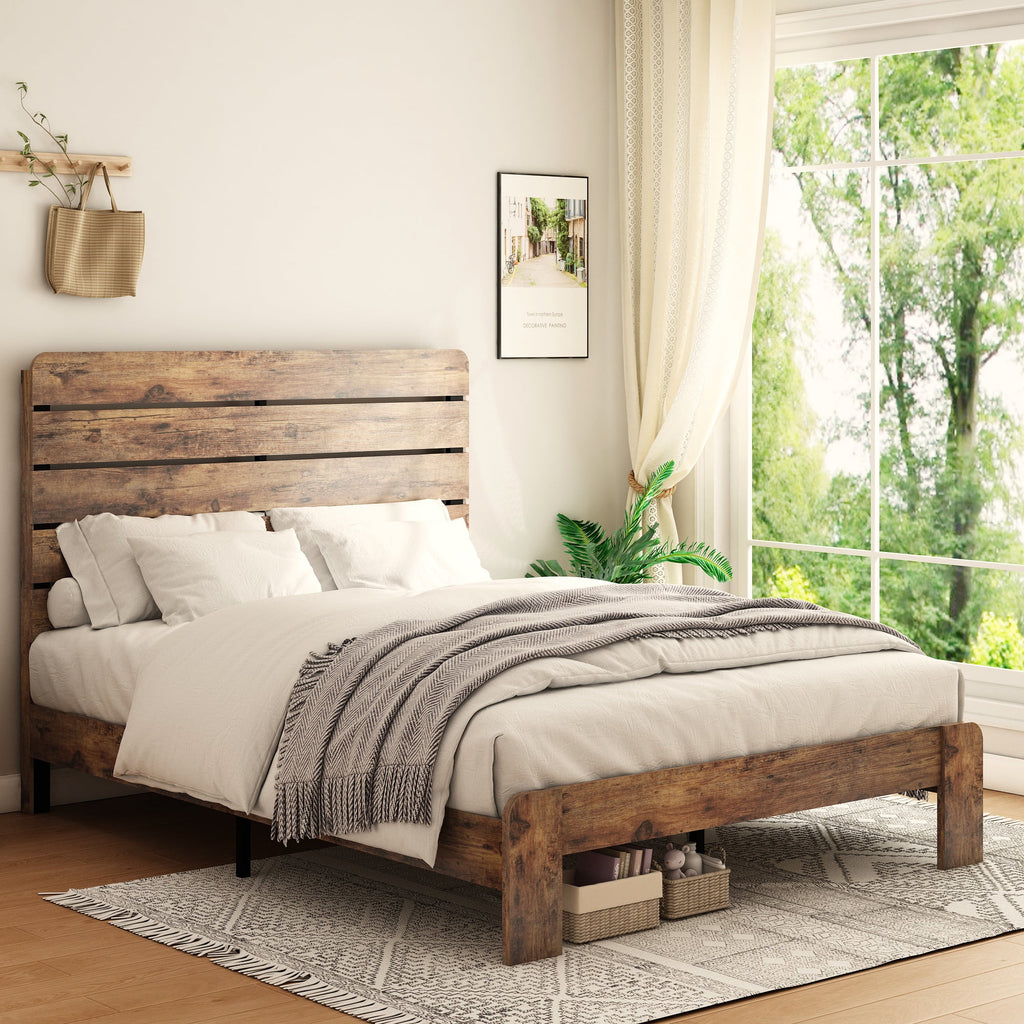 Queen Size Dark Brown Wood Platform Bed with Headboard M615795