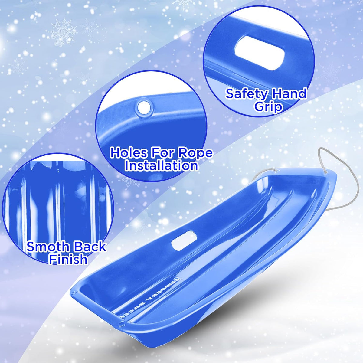 Blue 3 Pack Plastic Toboggan Snow Sled with Handles and Pull Rope X4331