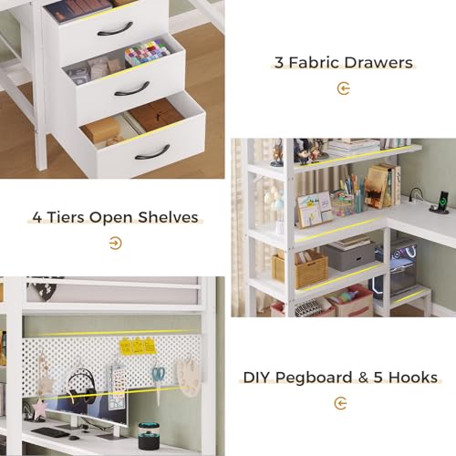 Twin Metal Loft Bed with L-Shaped Desk, LED Lights, Charging Station, Fabric Drawers & Shelves, White N6506
