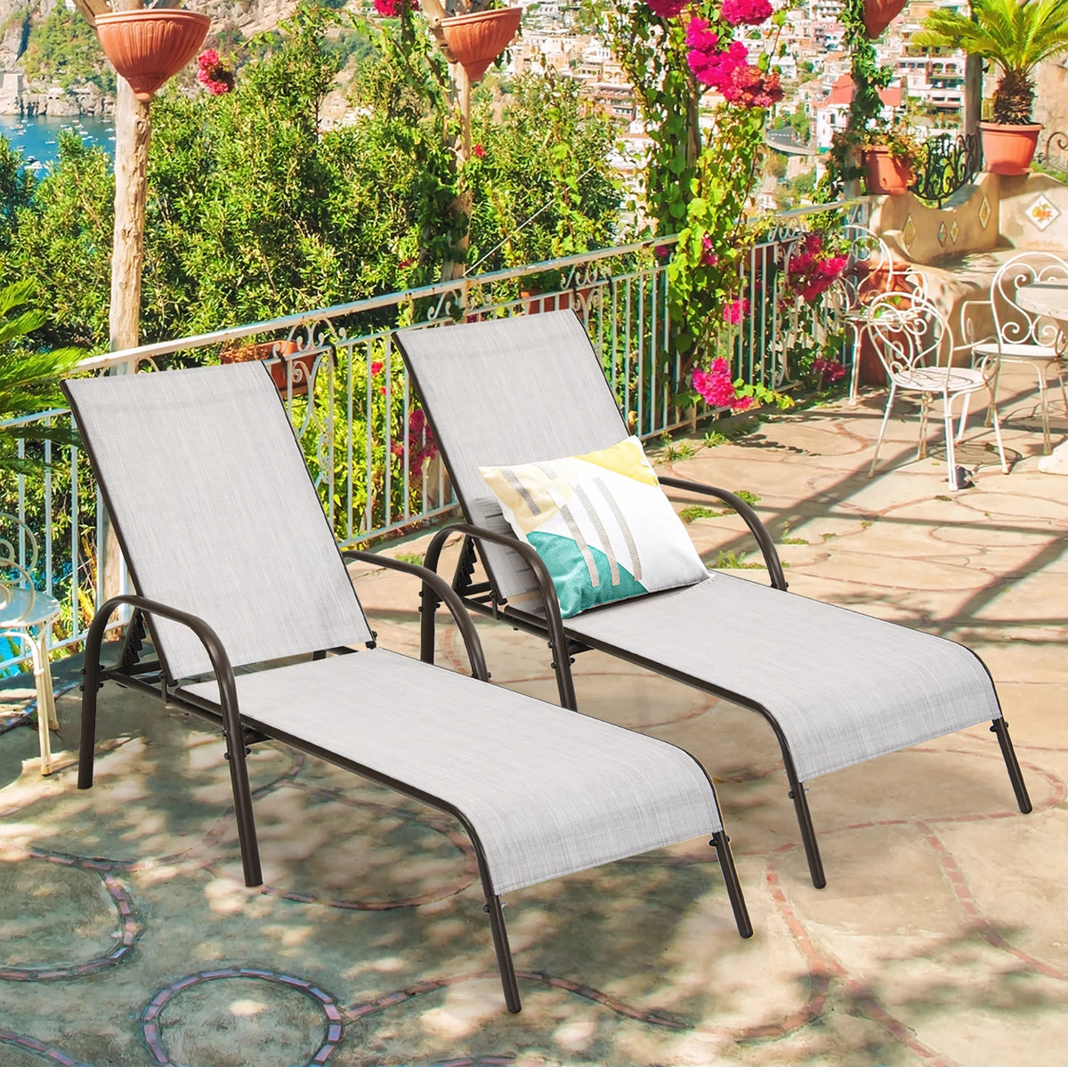 2PCS Grey Adjustable Reclining Patio Lounge Chair F720028