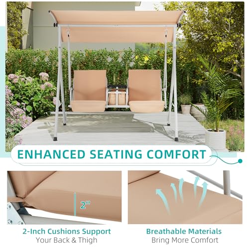 2 Seat Outdoor Porch Swing with Adjustable Canopy and Cushions O9527