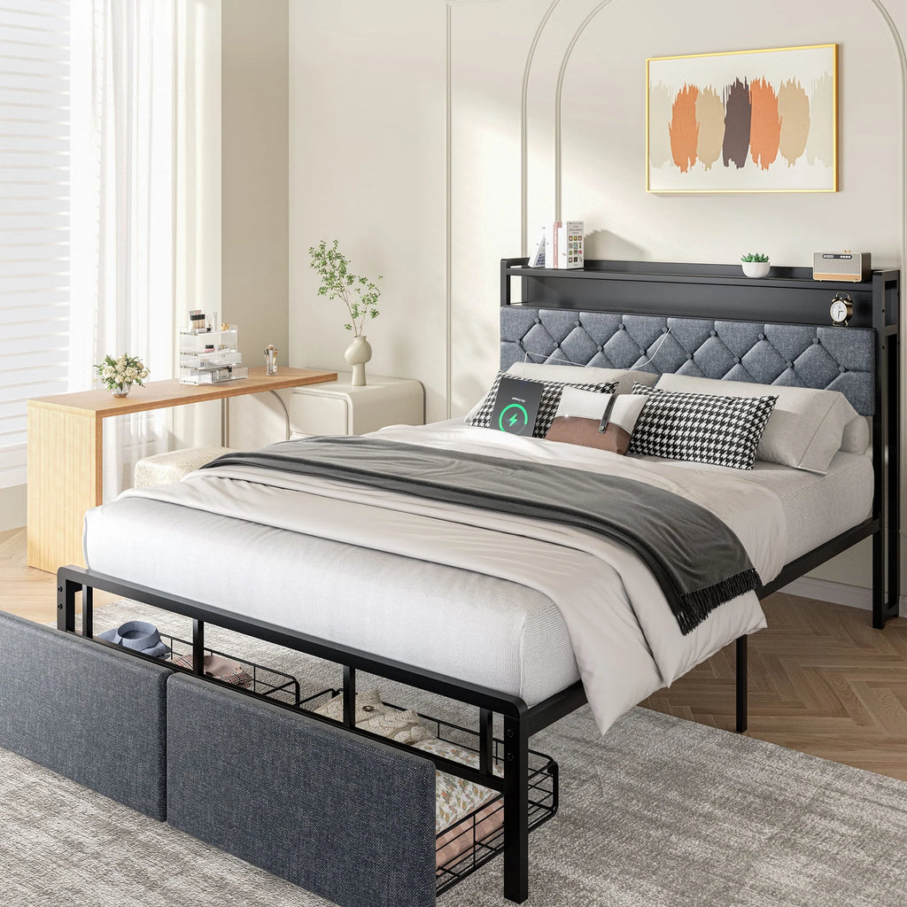 Gold Queen Size Velvet Fabric Headboard Metal Platform Bed E146466