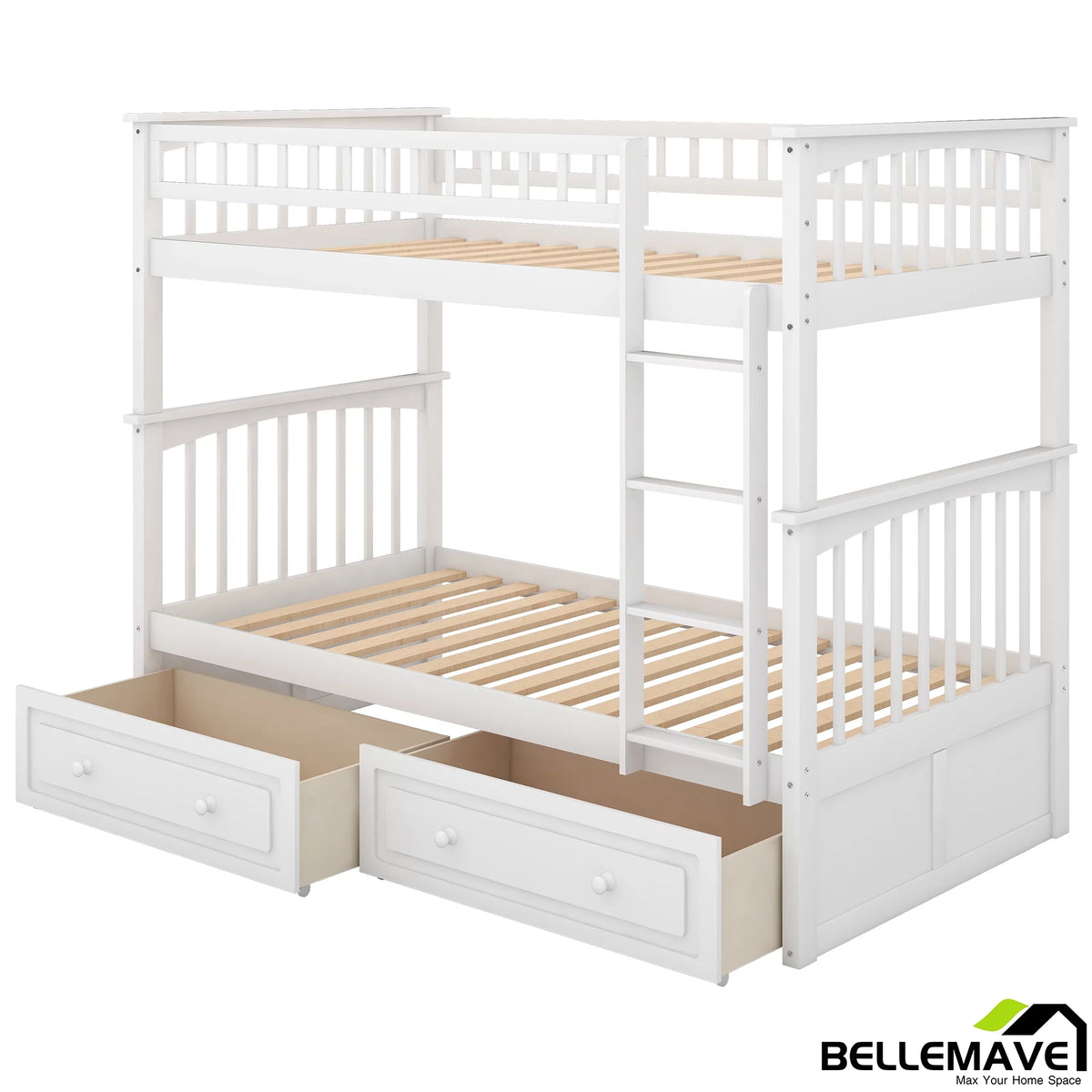 White Twin Over Twin Wooden Bunk Bed with 2 Storage Drawers Y695006