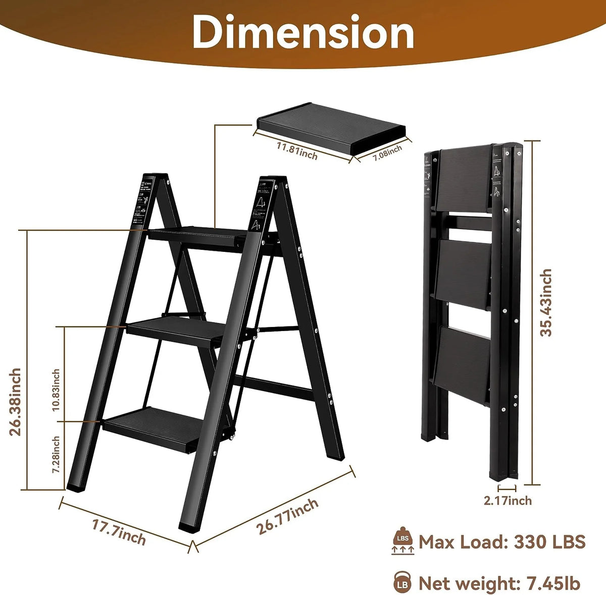 3 Step Steel Folding Step Stool 330lbs Black Q1321