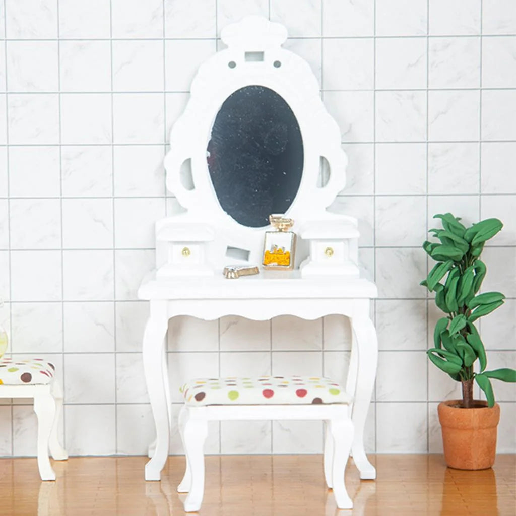 White Dollhouse Table with Stool D55490