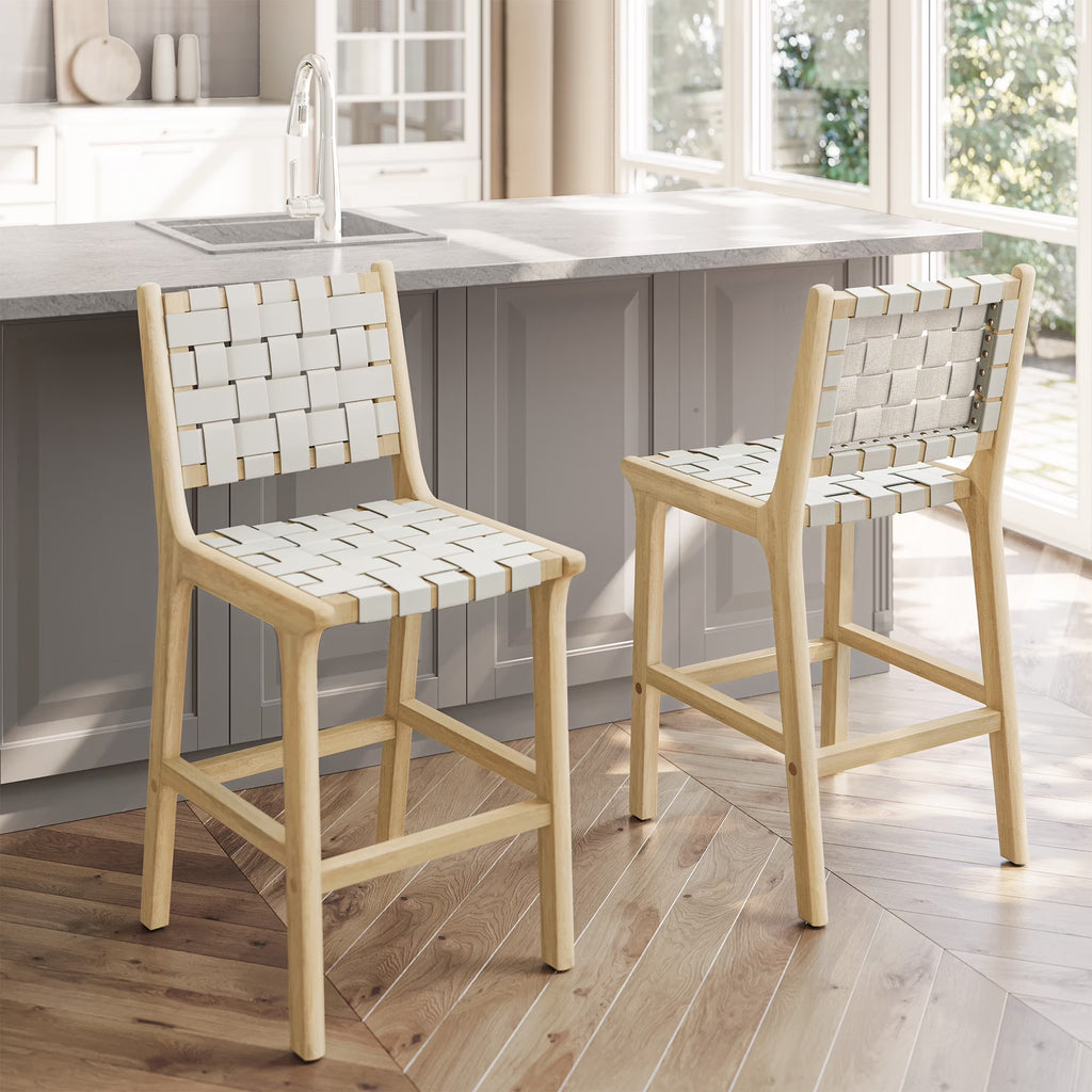 Woven Counter Stools 24 inch Set of 2, Faux Leather Bar Stools with Back Solid Wood Frame Z9001