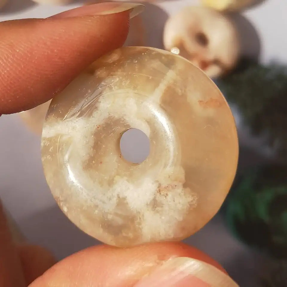 Handmade Carved Crystal Torus Natural Flower Agate Quartz Gemstone Annulus 10pcs M391