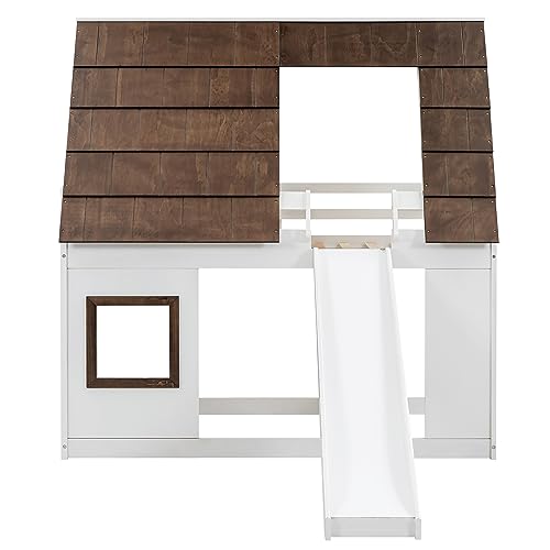 Twin-Over-Twin Wooden Bunk Bed with Storage, Gray+White F288