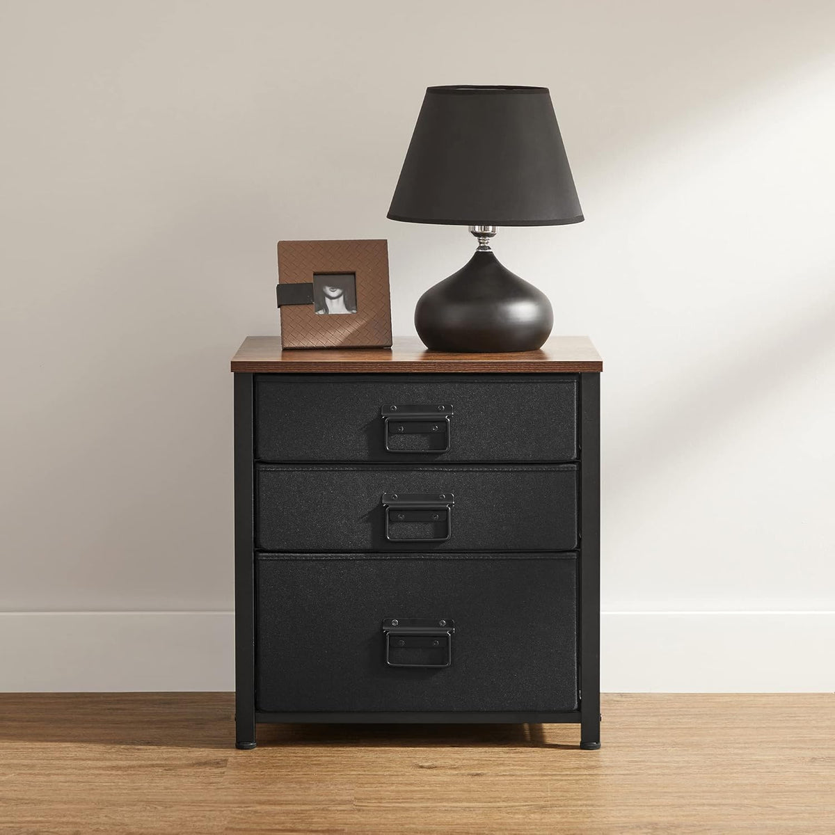 Rustic Brown and Black 3 Drawer Steel Frame Wooden Top Nightstand X531