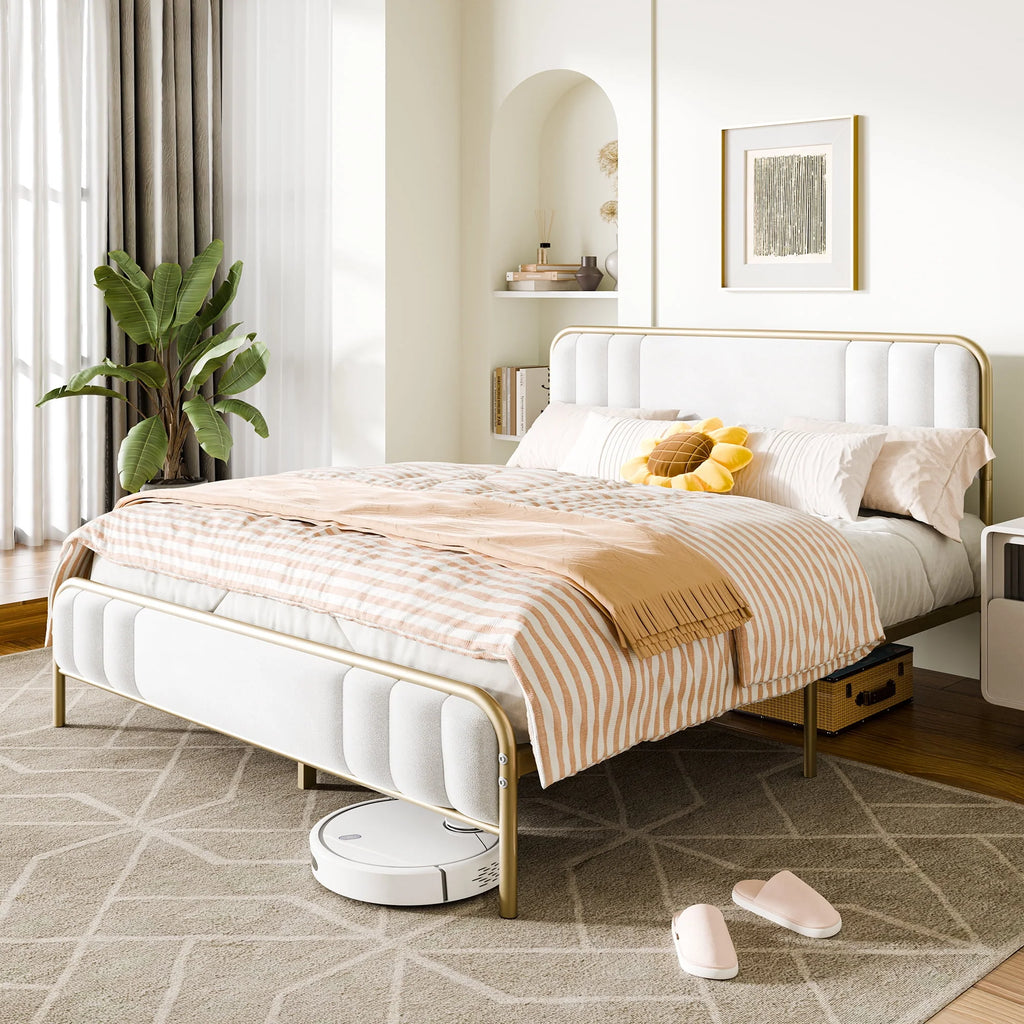 Gold Queen Size Velvet Fabric Headboard Metal Platform Bed E146466