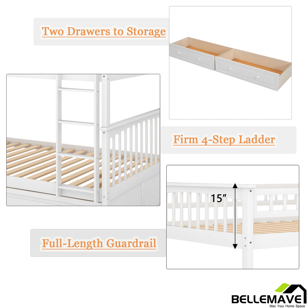 White Twin Over Twin Wooden Bunk Bed with 2 Storage Drawers Y695006